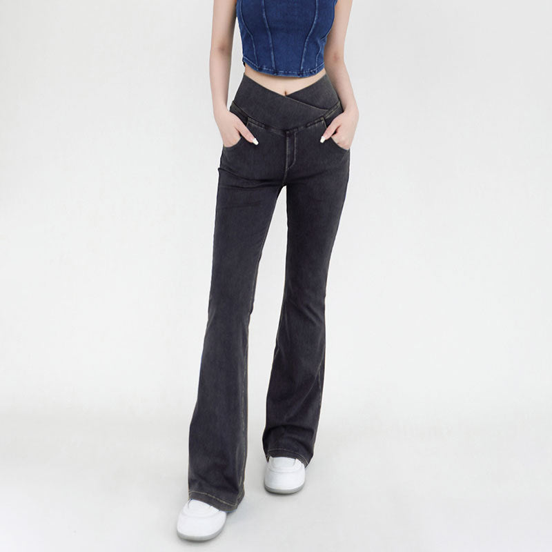 Stretchy Denim High Waisted Crossover Flare Pants