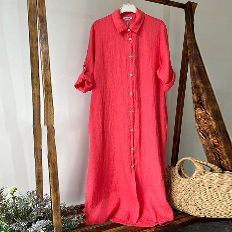 Lapel Buttoned Cotton and Linen Dress (Pre-sale)