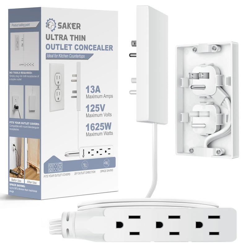 Thin Outlet Concealer with 3AC Outlets-5ft Flat Plug Extension Cord,Universal Size,1625W for Kitchen, Home and Office,Child & Pet Safe(Single 5 Foot)