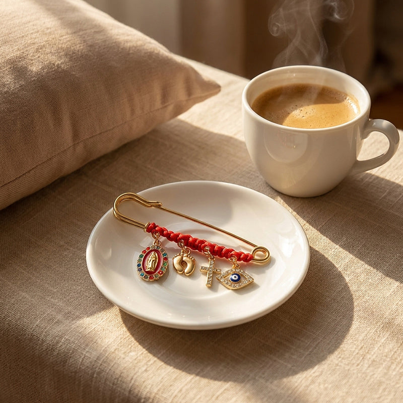 Red Cord and Diamond-Accented Brooch