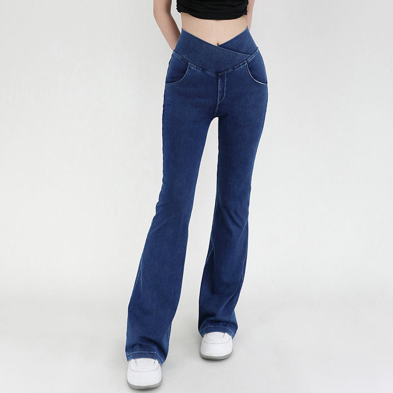 Stretchy Denim High Waisted Crossover Flare Pants