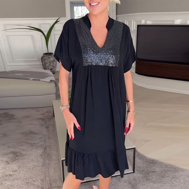 V-neck Loose Pleated Dress