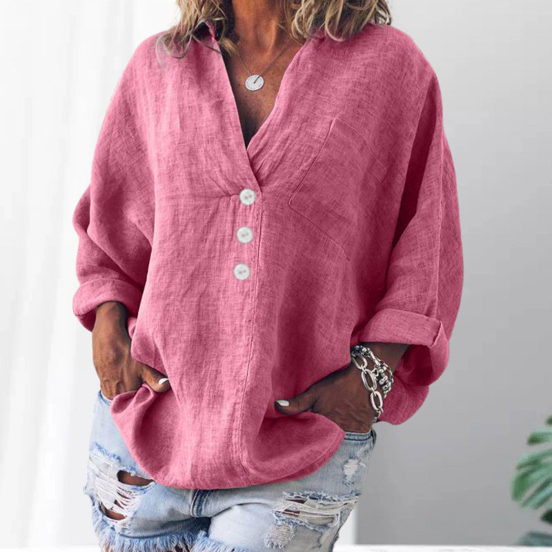 V-neck imitation cotton linen long-sleeved shirt