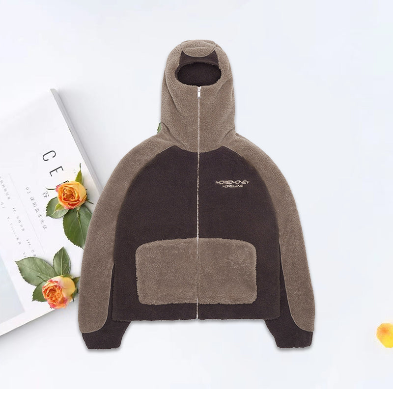 Hooded Colorblocked Lamb Coat