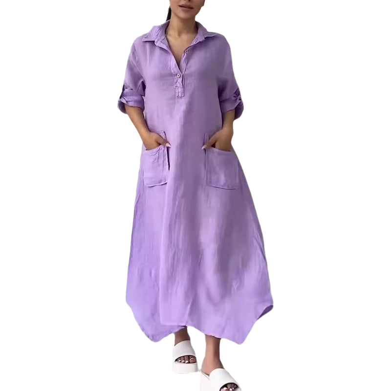 Women's Cotton Linen Casual Lapel Pockets Long Dress