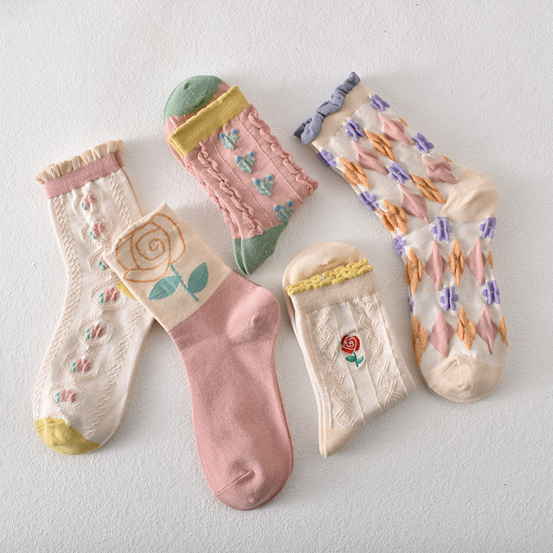 Women's Pink Floral Cotton Socks(5 pairs)