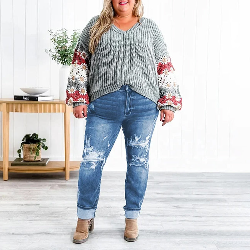 Torn Hole Mid-Waist Calf Pants