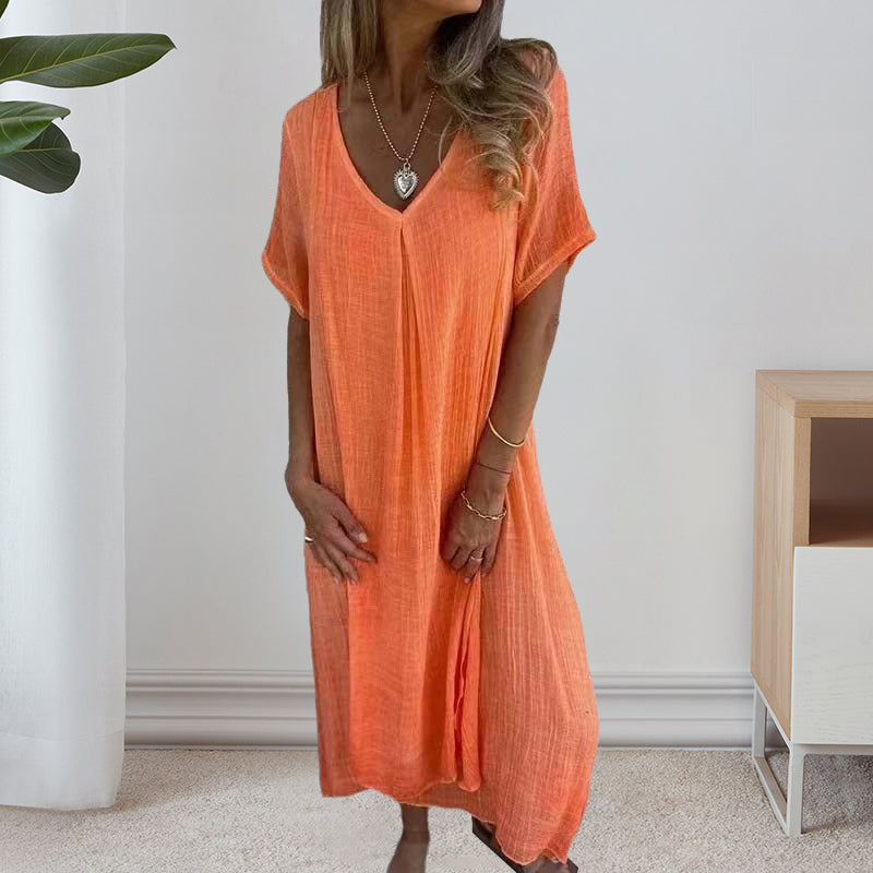 Cotton and Linen V-neck Midi Dress-PRE SALE