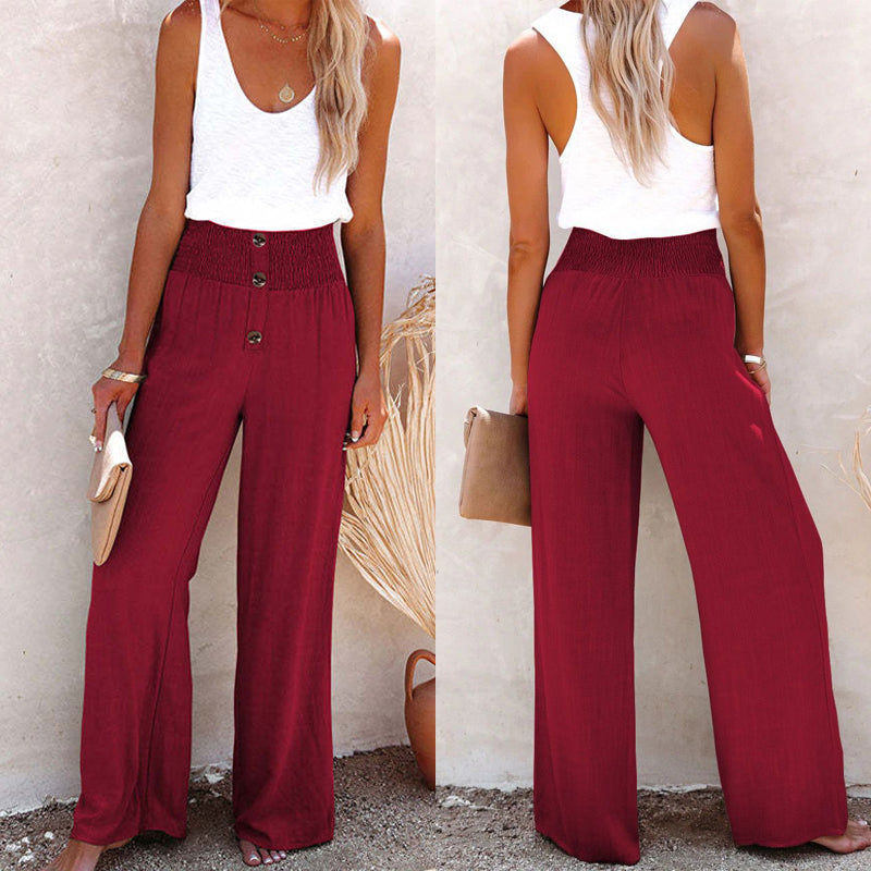 Breezy Linen Blend High-Waist Smocked Trousers