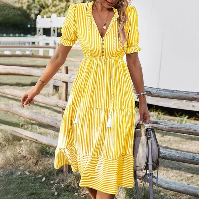 V-neck Dress with A Striped Print