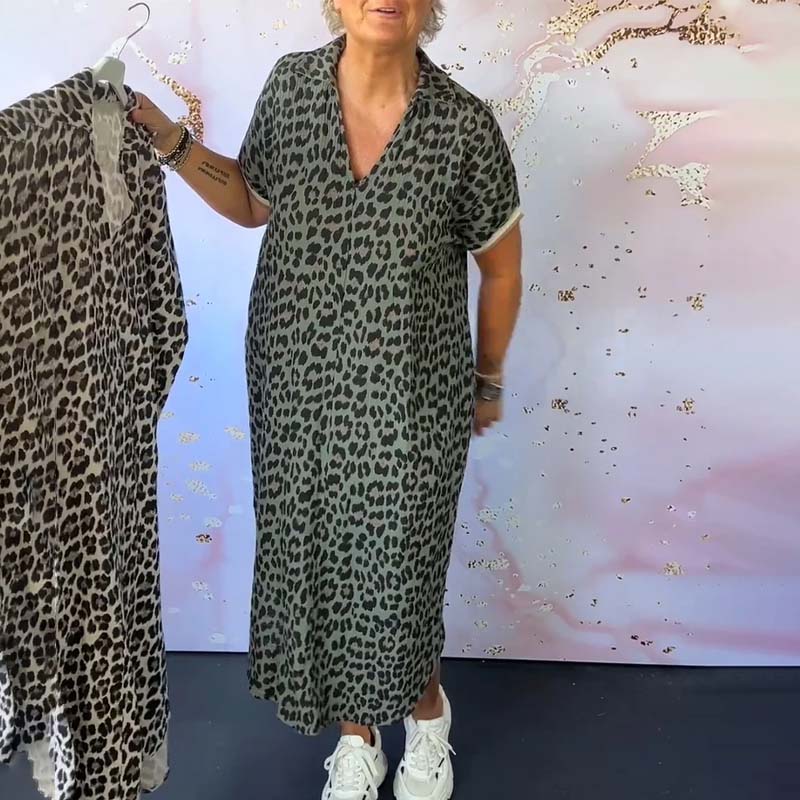 V-neck Short Sleeve Leopard Print Dress