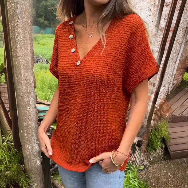Waffle Grid Summer Short Sleeve V-Neck T-Shirt