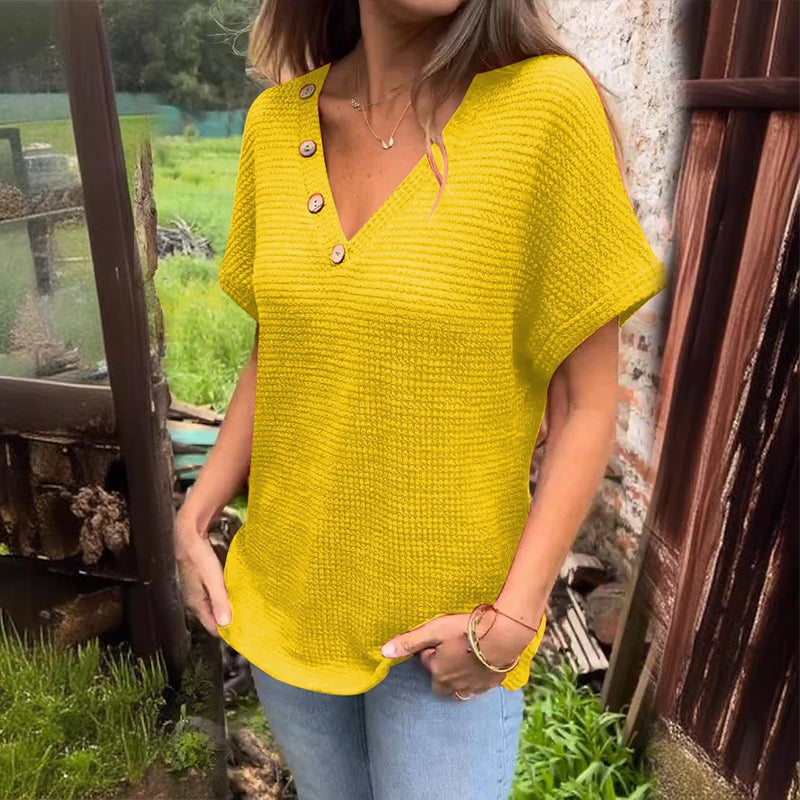 Waffle Grid Summer Short Sleeve V-Neck T-Shirt