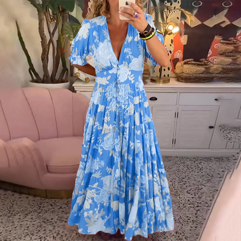 Floral Pattern Pocket Dress with V-neckline