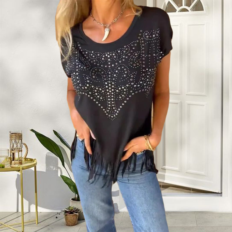 Women's solid colour short sleeve T-shirt with hot print and frayed hem