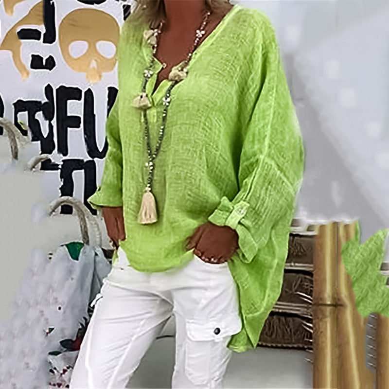 Plain Long Sleeve Casual Basic V Neck Blouse