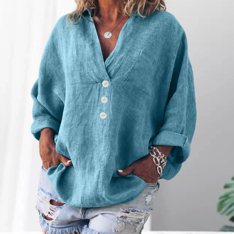 V-neck imitation cotton linen long-sleeved shirt