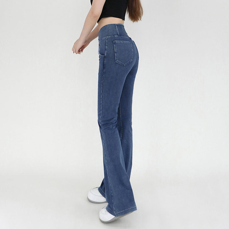 Stretchy Denim High Waisted Crossover Flare Pants