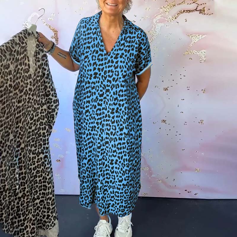 V-neck Short Sleeve Leopard Print Dress