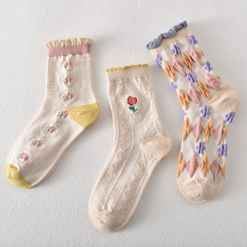 Women's Pink Floral Cotton Socks(5 pairs)