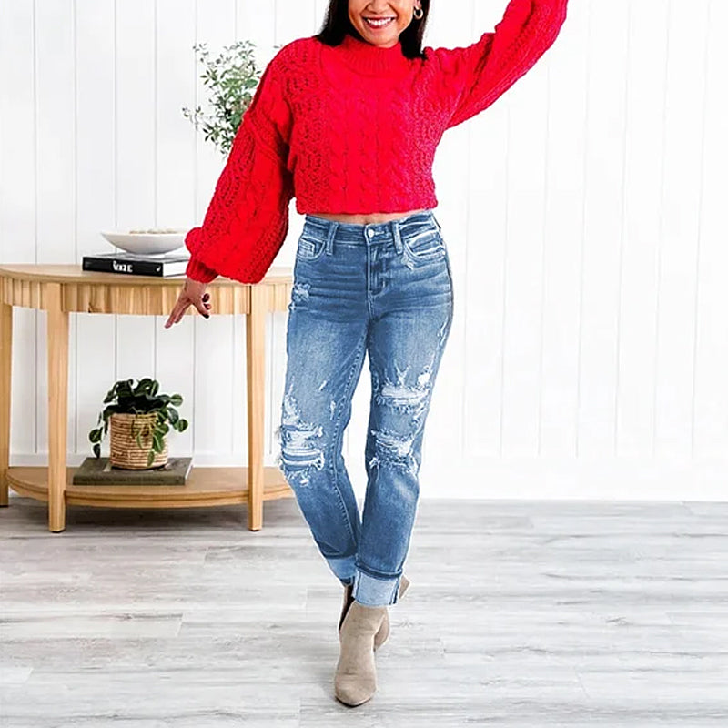 Torn Hole Mid-Waist Calf Pants