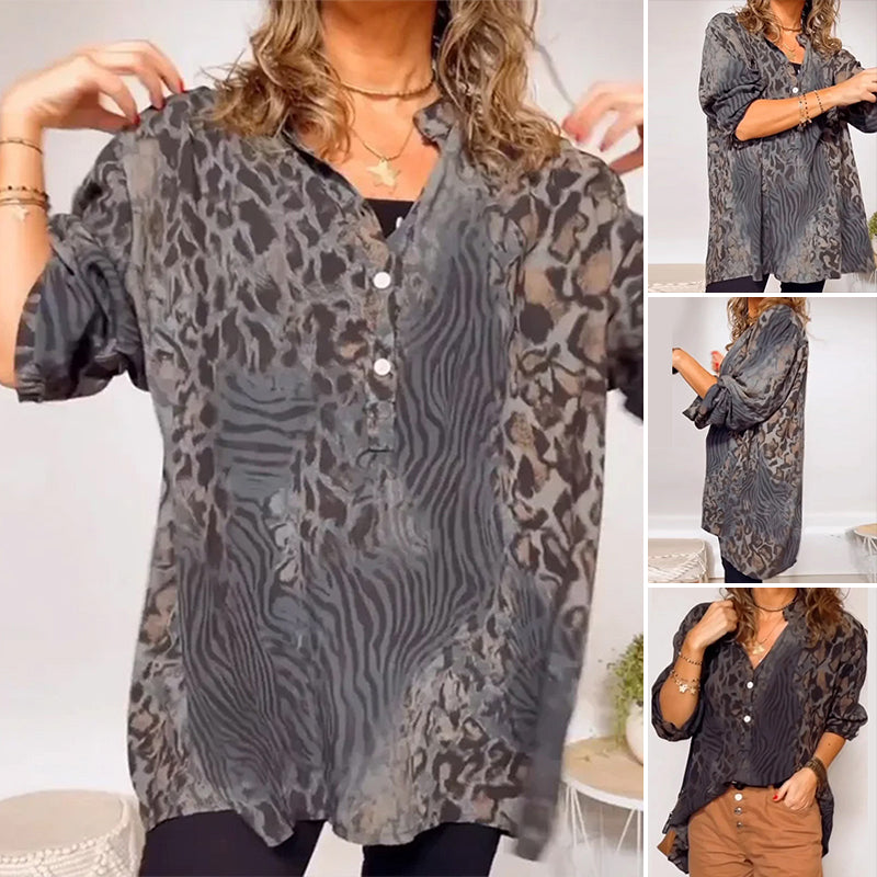 Women's V-neck Leopard Print Mid-sleeve Casual Top