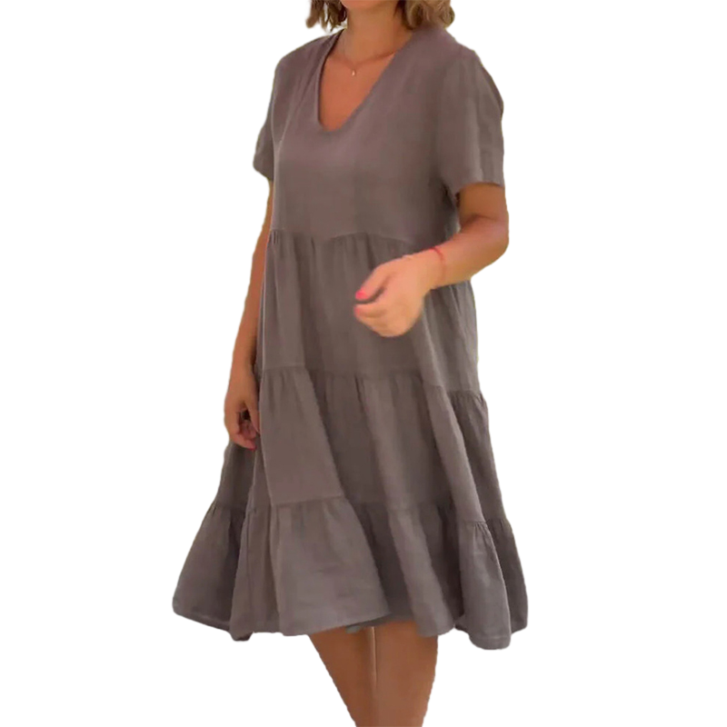 Plain Dress in Cotton Linen with V-neck