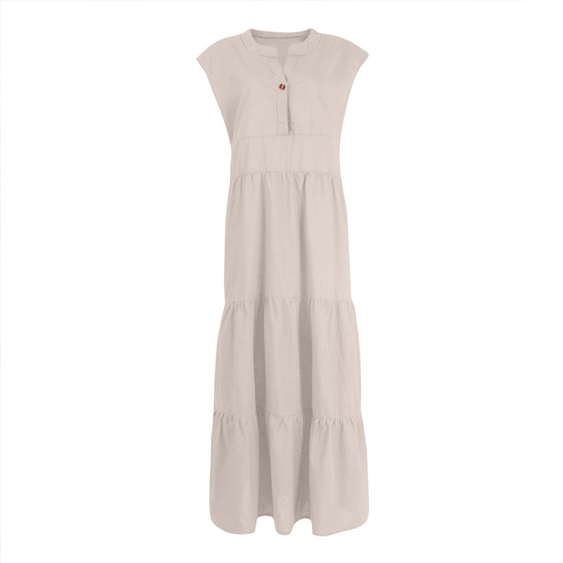 Women's V-Neck Button Sleeveless Tiered Long Dress