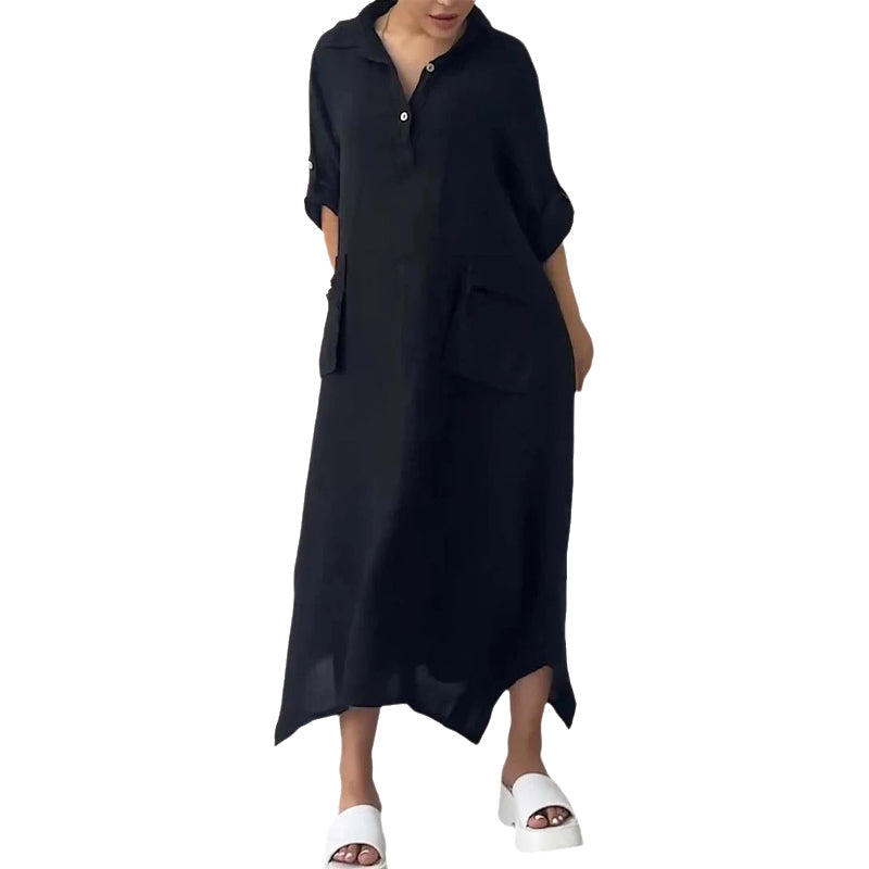 Women's Cotton Linen Casual Lapel Pockets Long Dress