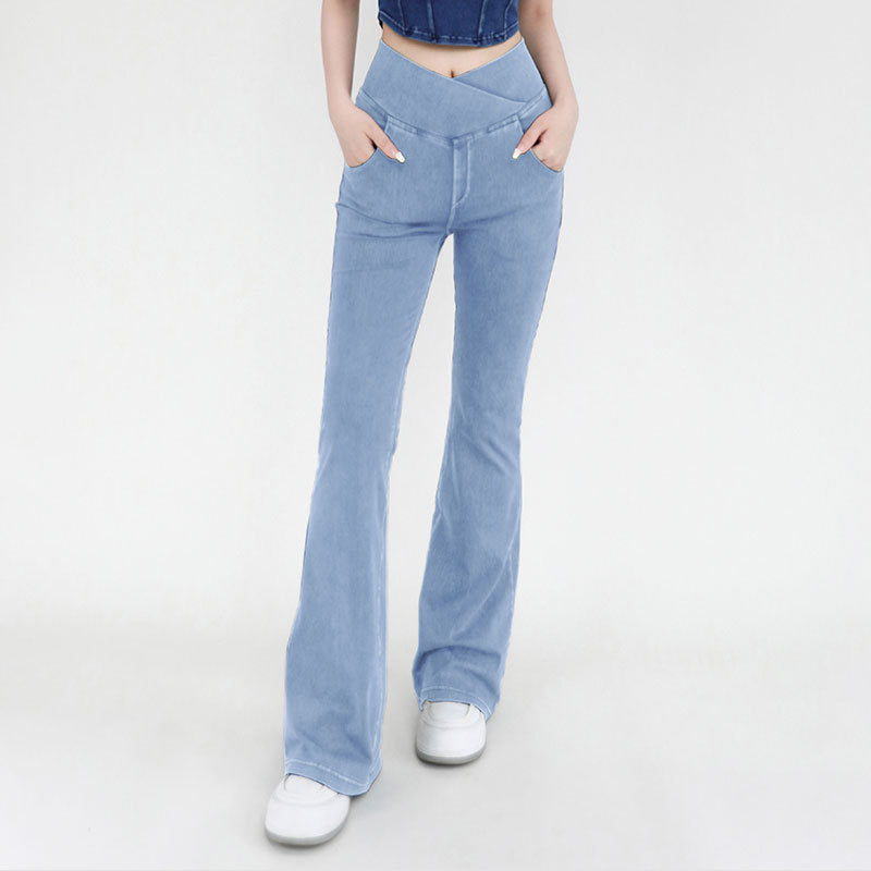 Stretchy Denim High Waisted Crossover Flare Pants