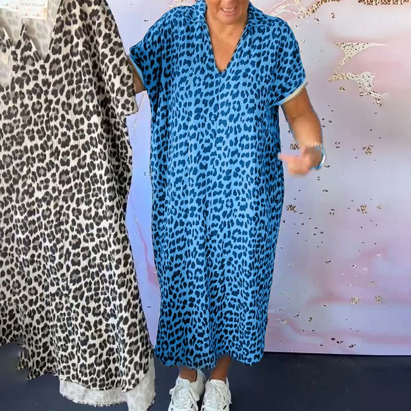 V-neck Short Sleeve Leopard Print Dress