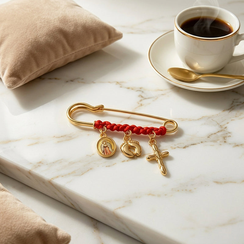 Red Cord and Diamond-Accented Brooch
