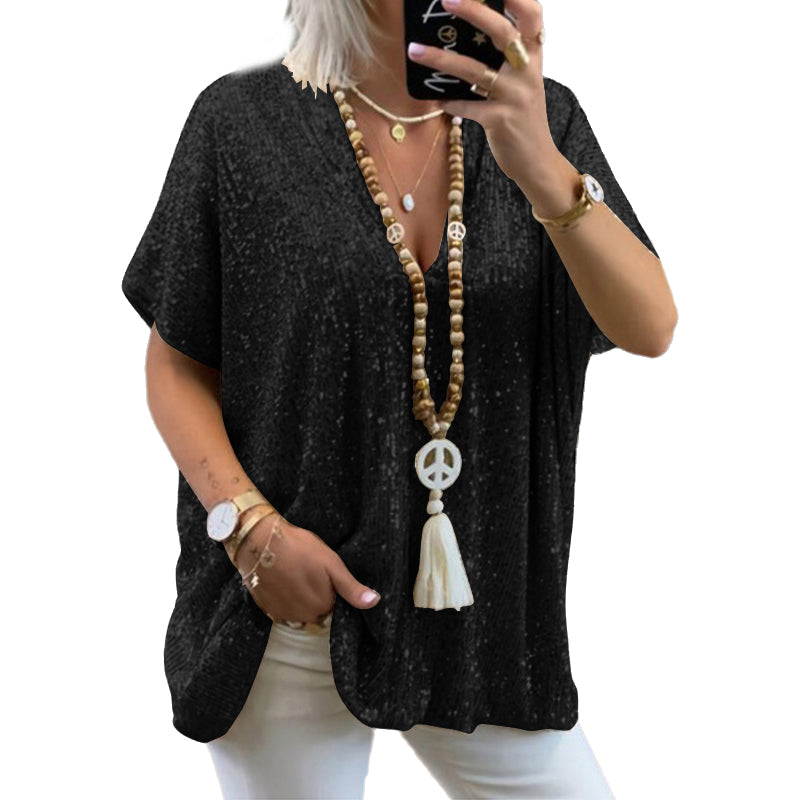 Loose-fitting V-neck T-shirt with Sequins