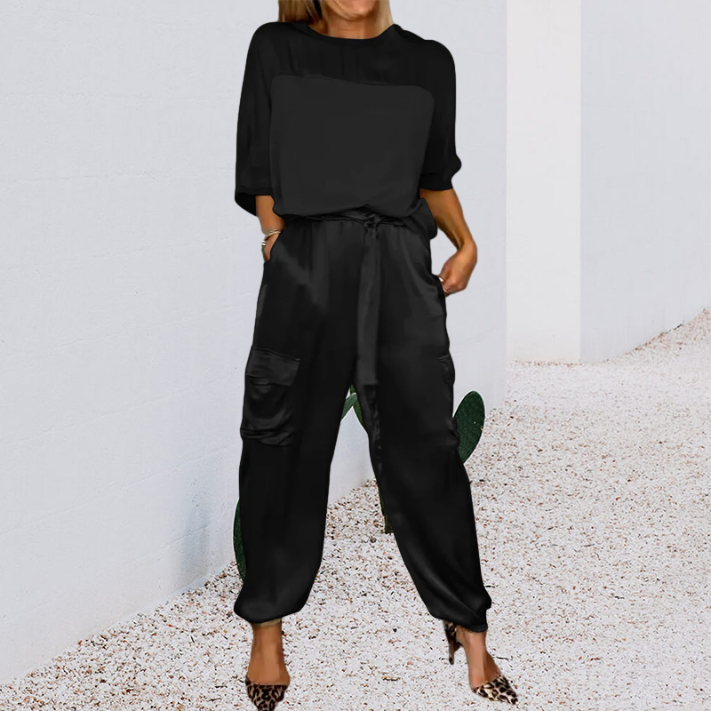 Women's Smooth Satin Half-sleeved Top and Pant Suit