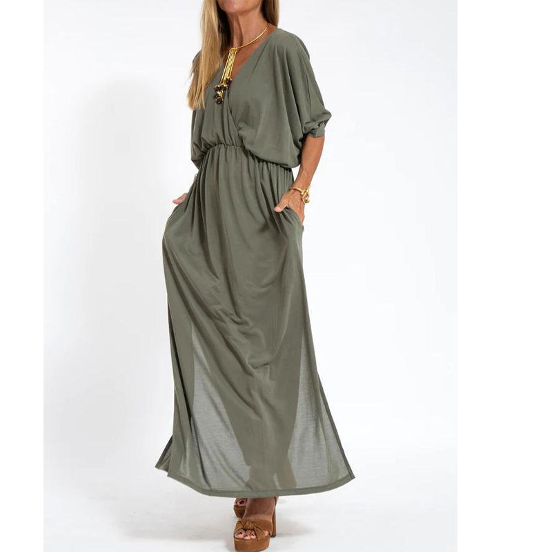 Women's Casual Solid Color V Neck Slit Dress