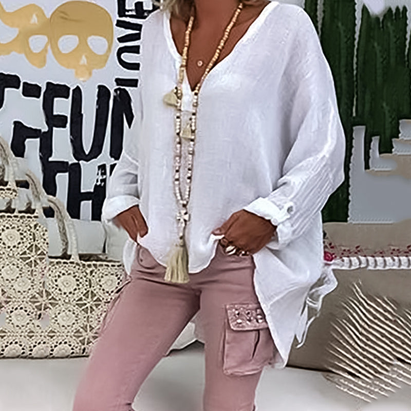 Plain Long Sleeve Casual Basic V Neck Blouse
