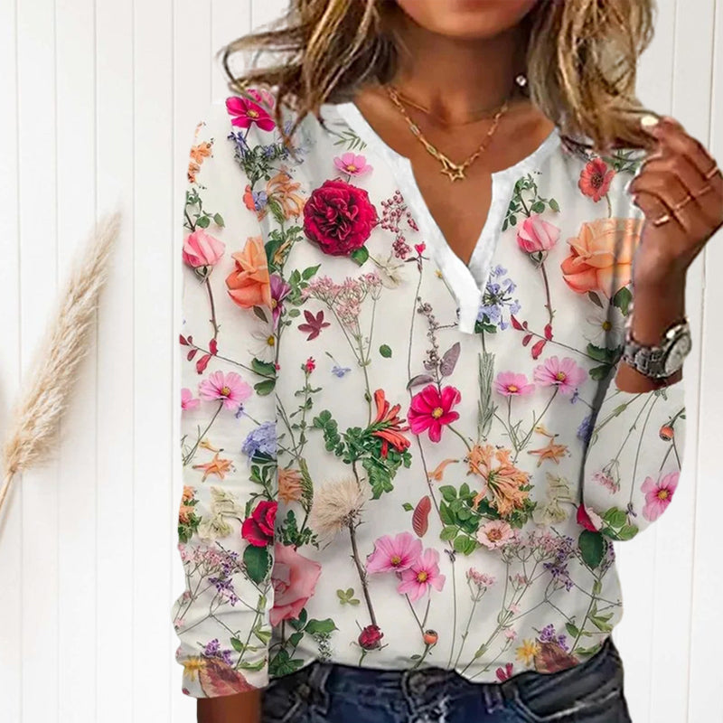 Printed V-neck Long Sleeve Top