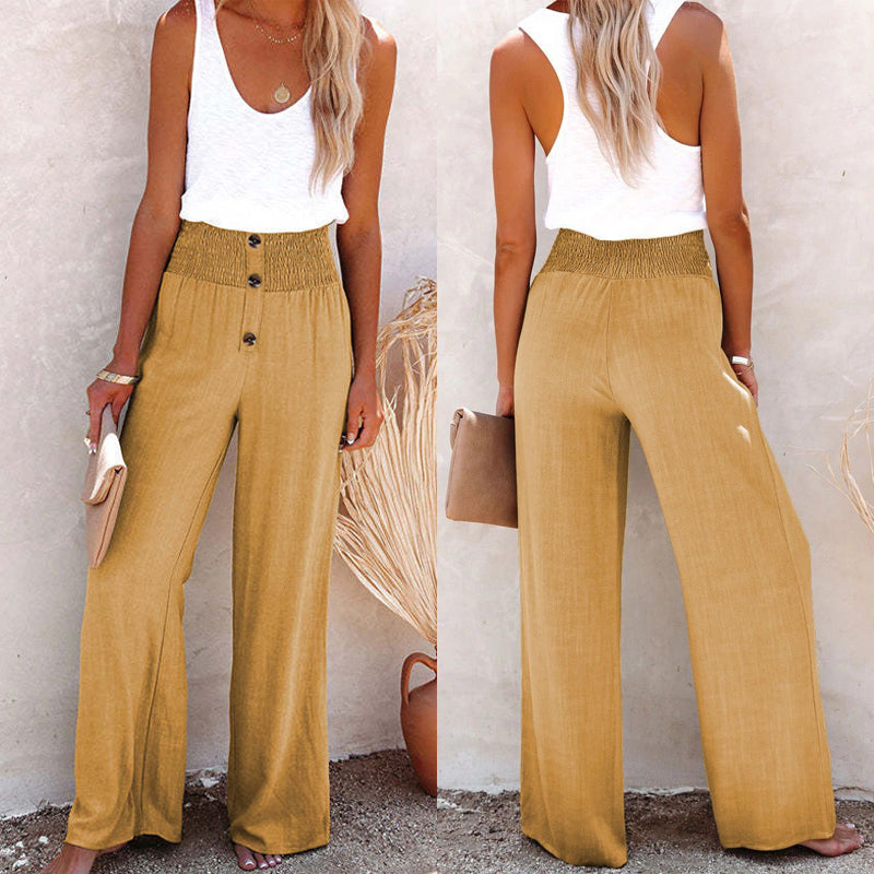 Breezy Linen Blend High-Waist Smocked Trousers