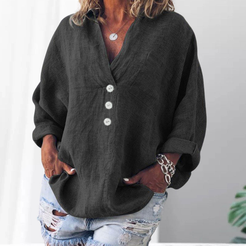 V-neck imitation cotton linen long-sleeved shirt