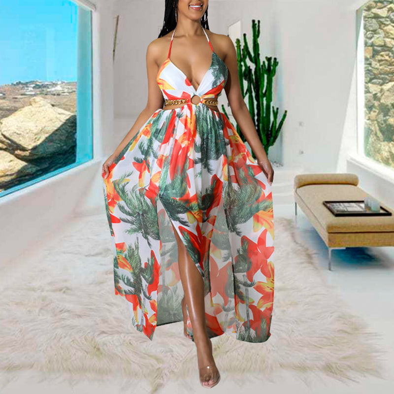 Women's Floral Print Chain Decor Split Thigh Dress