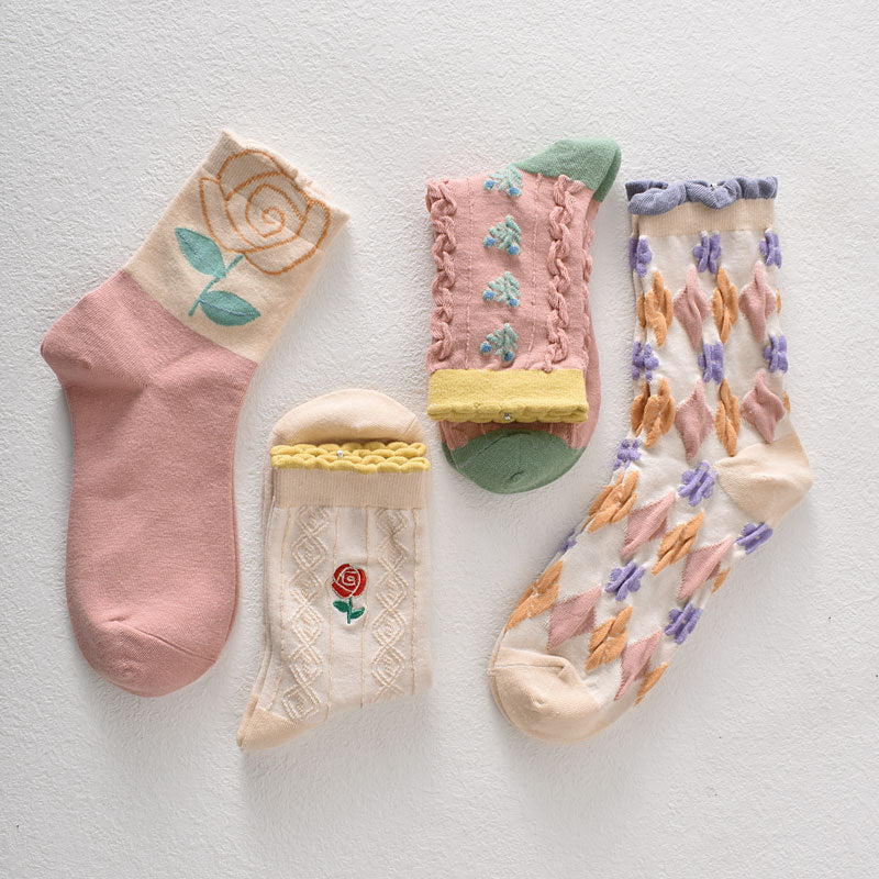 Women's Pink Floral Cotton Socks(5 pairs)
