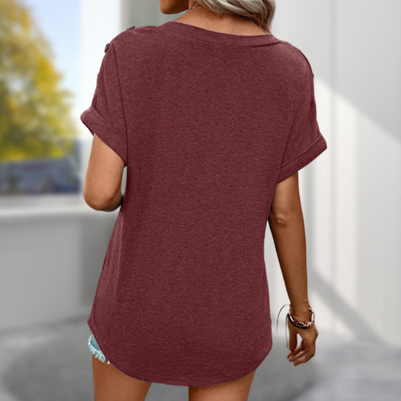 Plain Button V-Neck T-Shirt