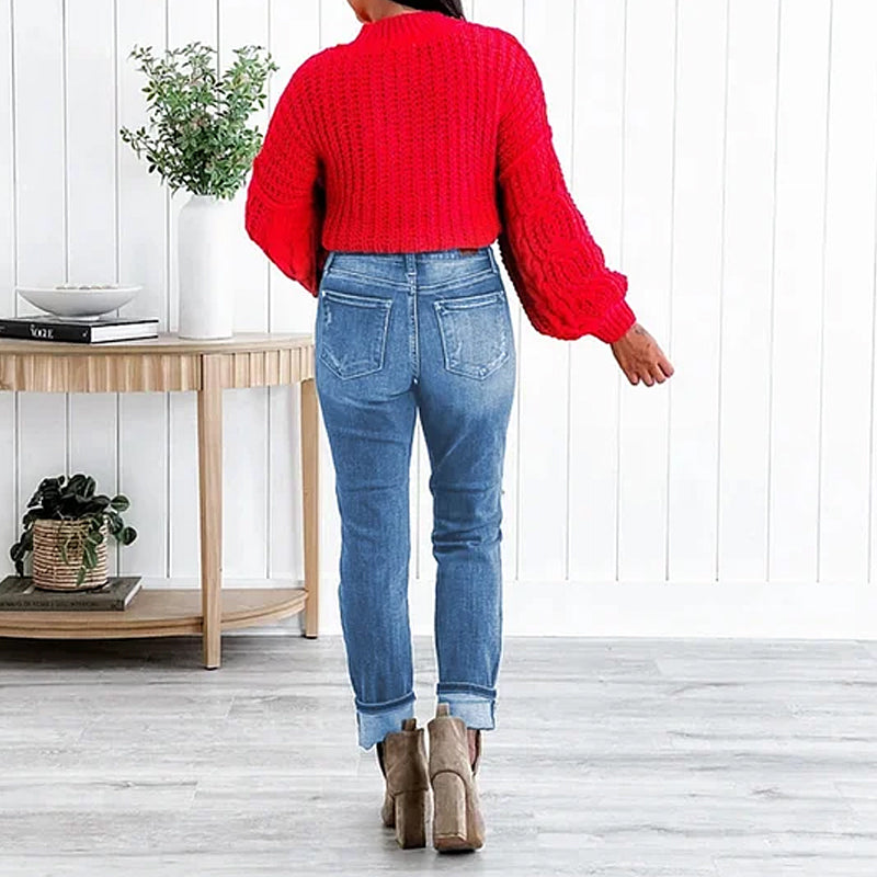 Torn Hole Mid-Waist Calf Pants