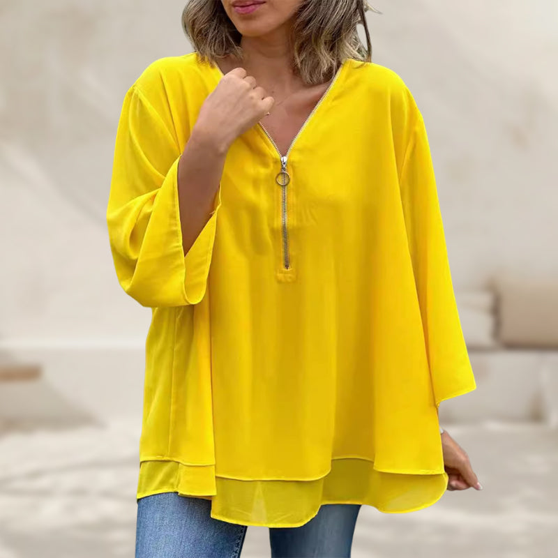 Chiffon Zipper V-neck Top