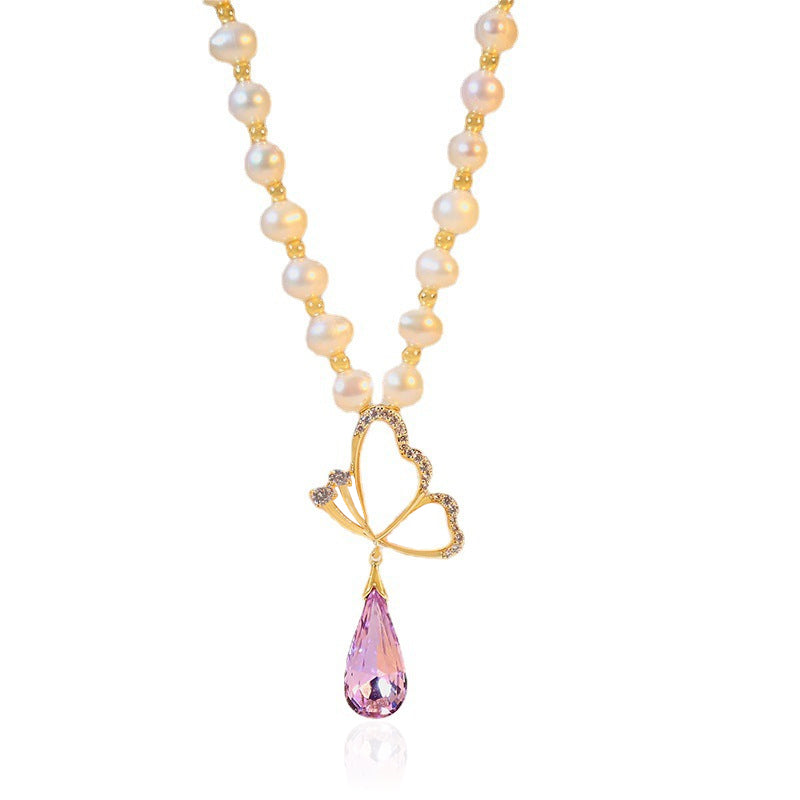 Diamond Butterfly Pearl Necklace