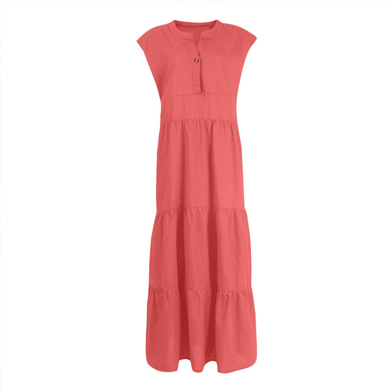 Women's V-Neck Button Sleeveless Tiered Long Dress