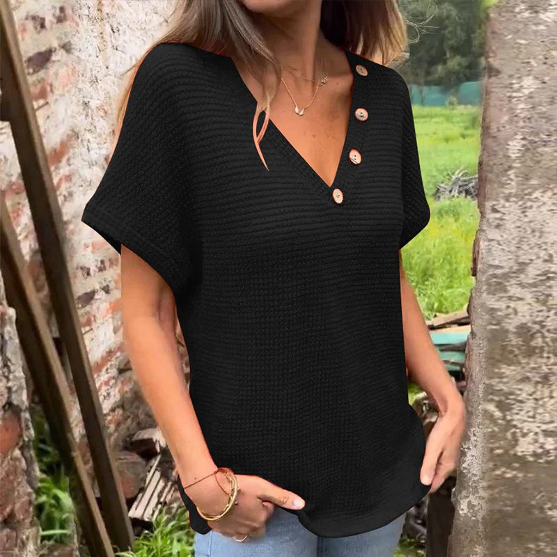 Waffle Grid Summer Short Sleeve V-Neck T-Shirt