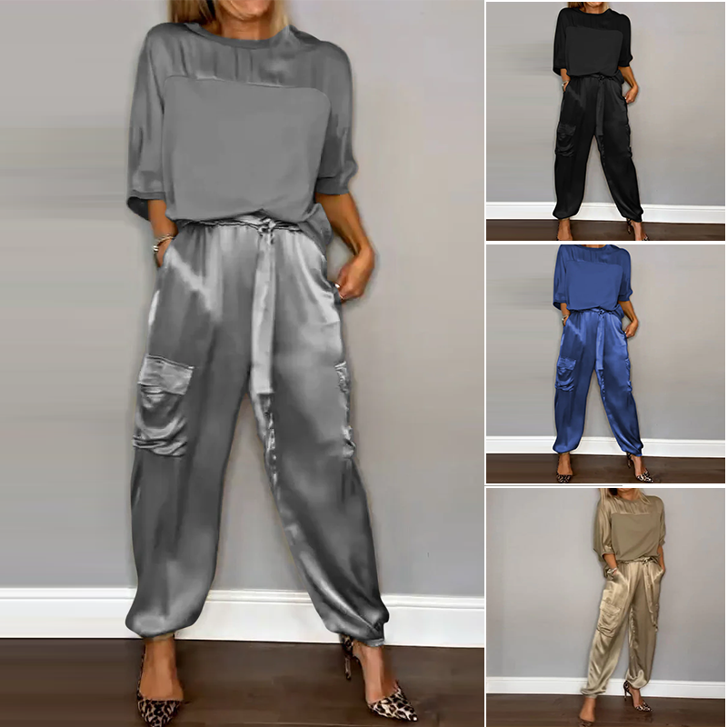 Women's Smooth Satin Half-sleeved Top and Pant Suit