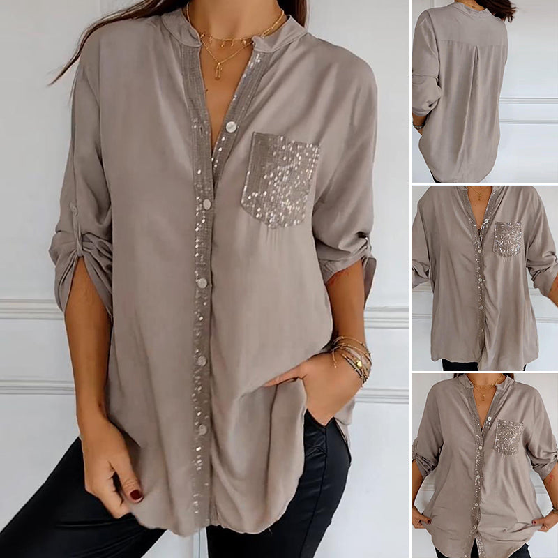Relaxed button-up sequin paneled top