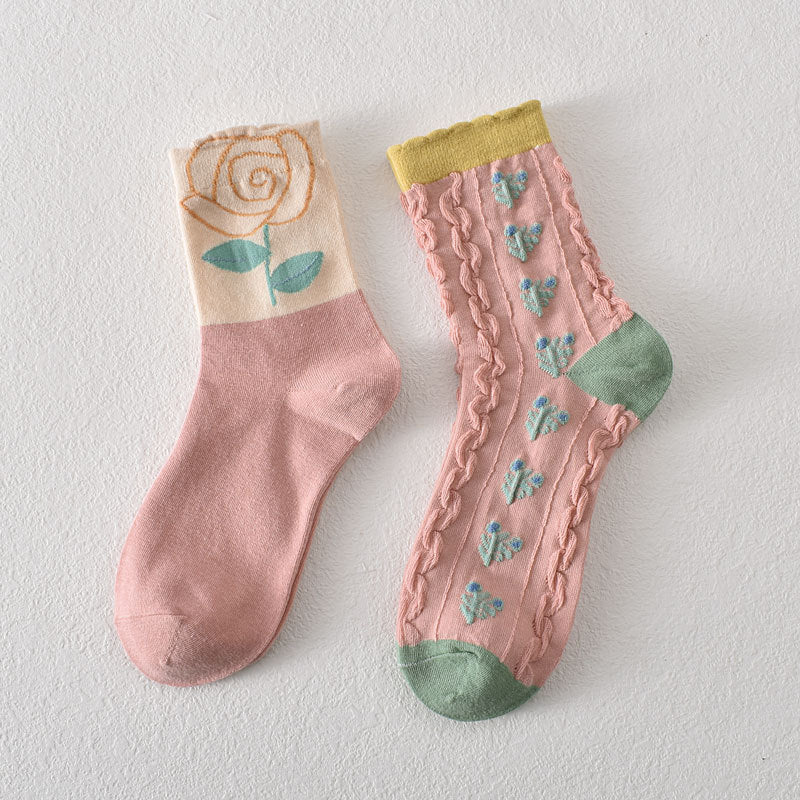 Women's Pink Floral Cotton Socks(5 pairs)